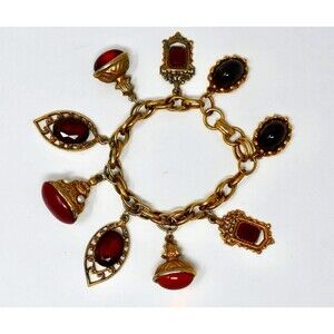 Victorian Revival Watch Fob Charm Gold Tone Triple Link Statement Braclet